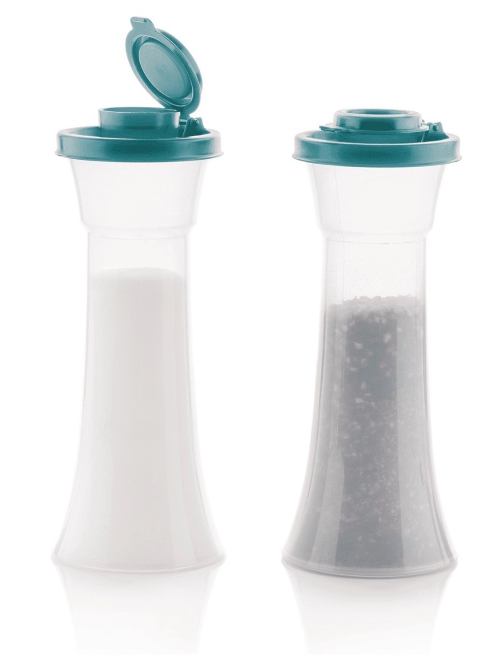 2 NEW Tupperware LARGE Salt & Pepper Shakers Teal Turquoise Hourglass BPA FREE